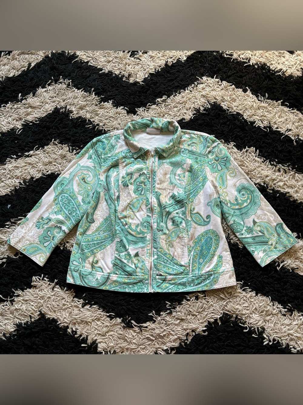 Hippie Multicolor Green Blue Paisley Print 3/4 Sleeve Zip Up Collared Jacket